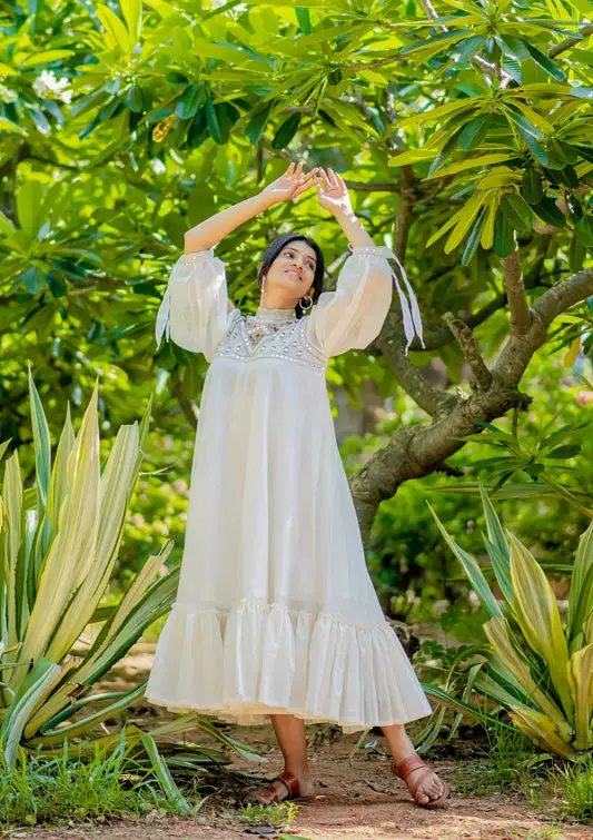 Embroidered Chanderi Long Dress with Slit Sleeves