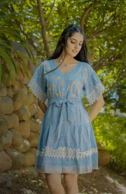 Blue Cotton Shirt Dress with Waist Tie Belt